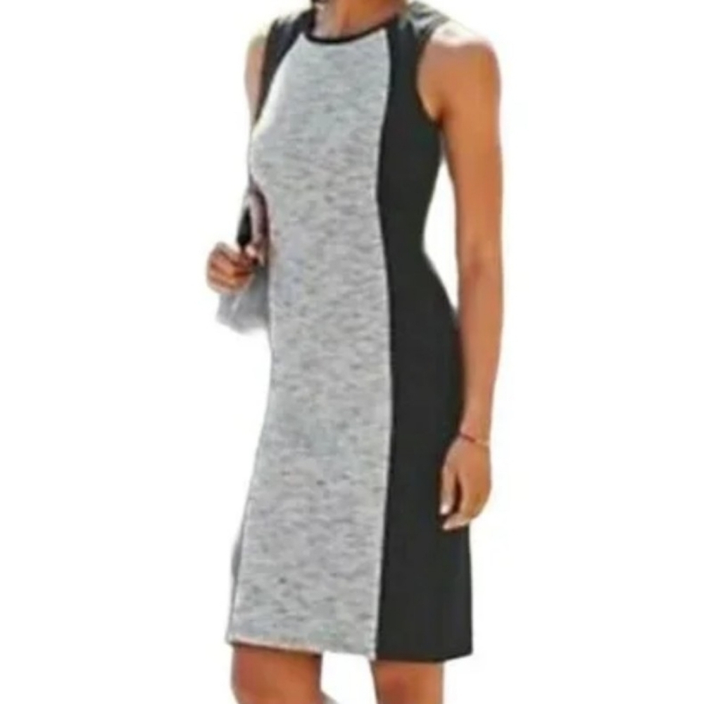 Athleta Cityscape Knit Dress Stylish Gray and Black Sleeveless Dress.